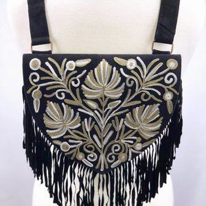 Black and Olive Suede Fringed Crossbody Bag